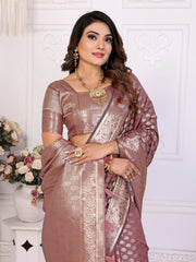 Woman wearing a traditional saree with a white decorative wall in the background