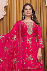 Round Neck Sequins Embroidered Detail on Crimson Red Fendy Silk Suit
