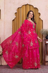 Crimson Red Sequins Embroidered Sharara Suit – Side Angle View