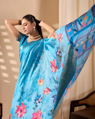 Elegant Sky Blue Saree with Floral Digital Print, Woven Border, Tassel Pallu, and Matching Designer Blouse