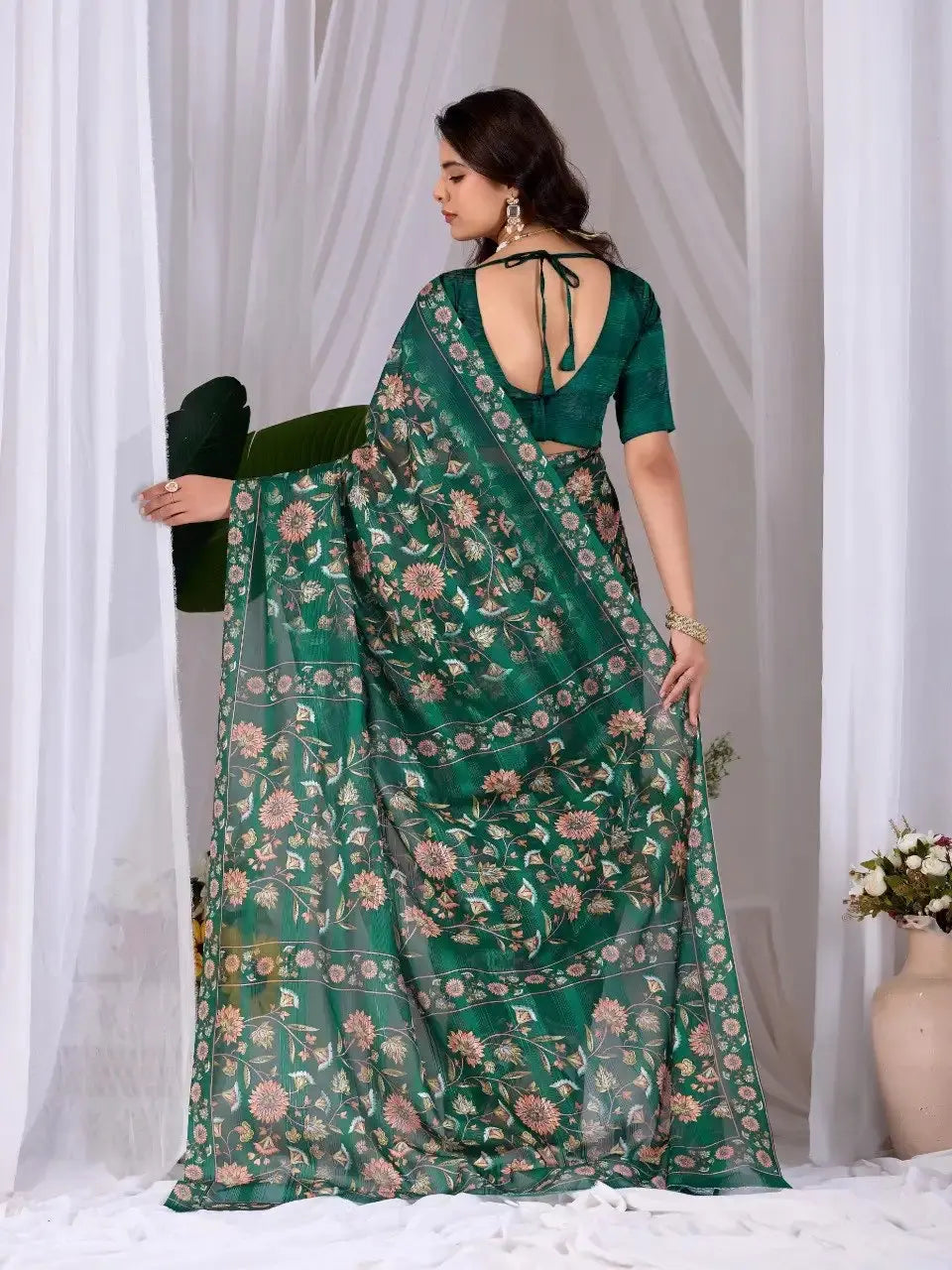 Dark Green Digital Floral Print Saree – back view with blouse back tie detail