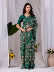 Dark Green Floral Print Saree – full front standing drape view on second model