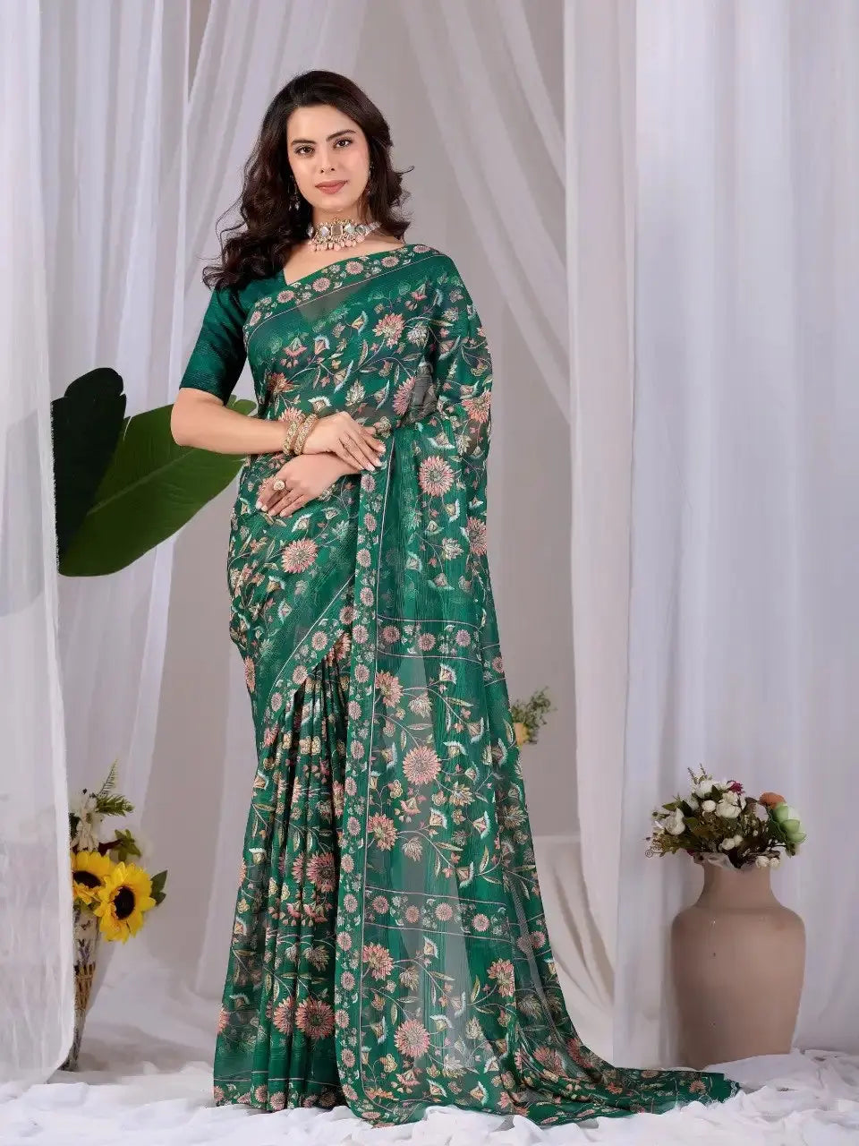 Dark Green Digital Floral Print Saree – front full standing drape view on model