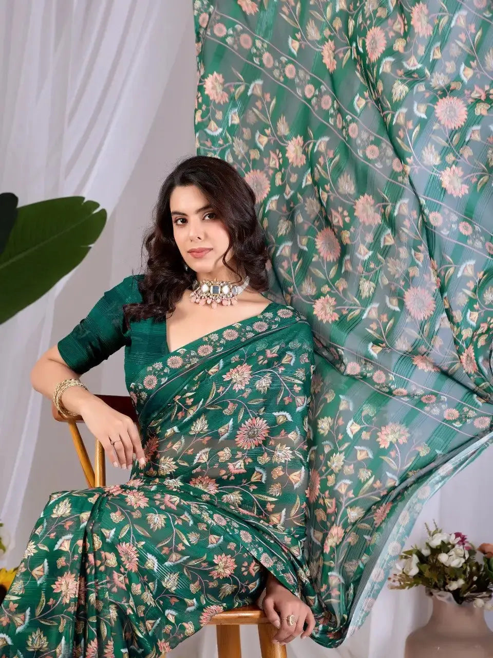 Dark Green Digital Floral Print Saree – seated drape with flowing pallu