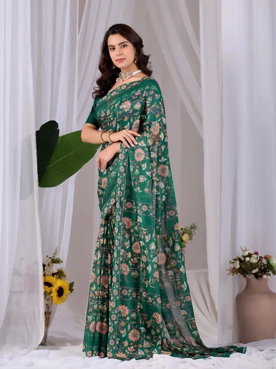 Dark Green Premium Monsoon Saree – side drape view showing all-over floral print