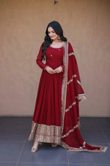 Dark Maroon Anarkali Suit Portrait – Round Neck with Scattered Booti and Sequins Embroidery