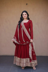Dark Maroon Anarkali Suit Style View – Pipe Beads Embroidery with Tassel Border Dupatta