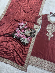 Dark Maroon Embroidered Border Dupatta Detail – Chinon Silk Blend with Gold Lace Border
