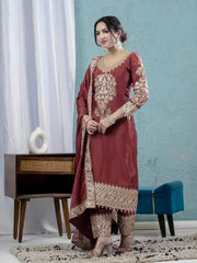 Dark Maroon Straight Suit with Dupatta Draped – Full Length Chinon Silk Blend View