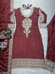 Dark Maroon Sequins Embroidered Suit Flat Lay – Kurta Front with Neckline and Hem Detail