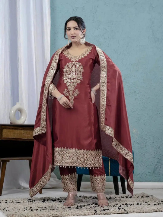 Dark Maroon Sequins Embroidered Straight Suit – Full Front View with Embroidered Border Dupatta