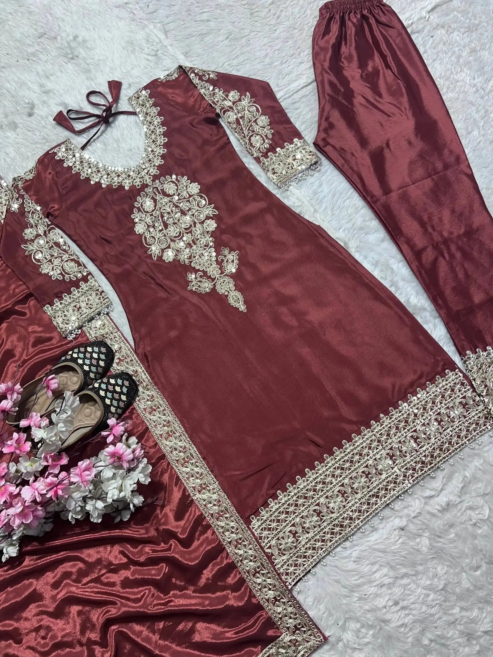 Dark Maroon Straight Suit Set Flat Lay – Suit with Straight Pant and Accessories