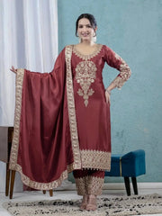 Dark Maroon Pakistani Suit with Sequins Embroidery – Model Holding Embroidered Dupatta