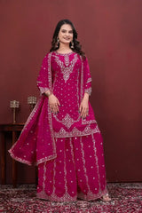 Dark Pink Sequins Embroidered Suit – Sharara Bottom with Full Embroidered Panels KU223
