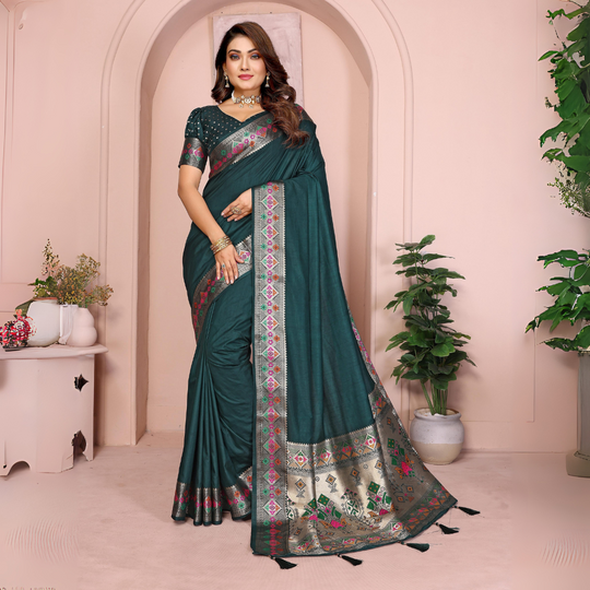 Dark Green Zari & Minakari Weaving Paithani Silk Saree