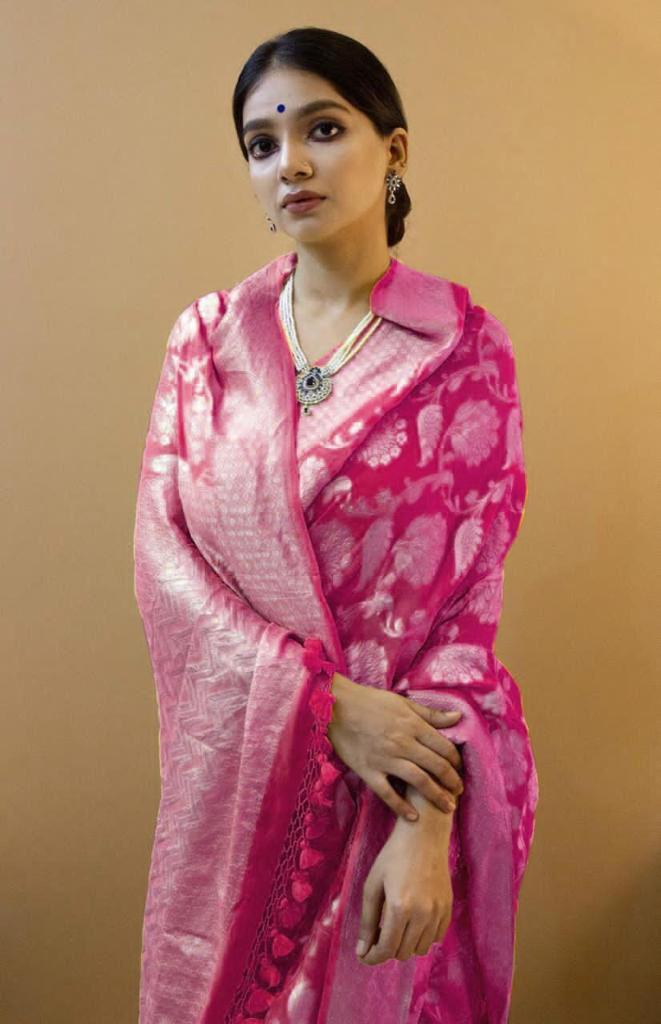 Dark Pink Jacquard Work Saree Indoor