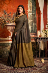 Woman in a dark green and brown saree standing in an ornate room with decorative elements.