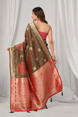 Woman wearing a traditional saree with a red and gold pattern against a white curtain background