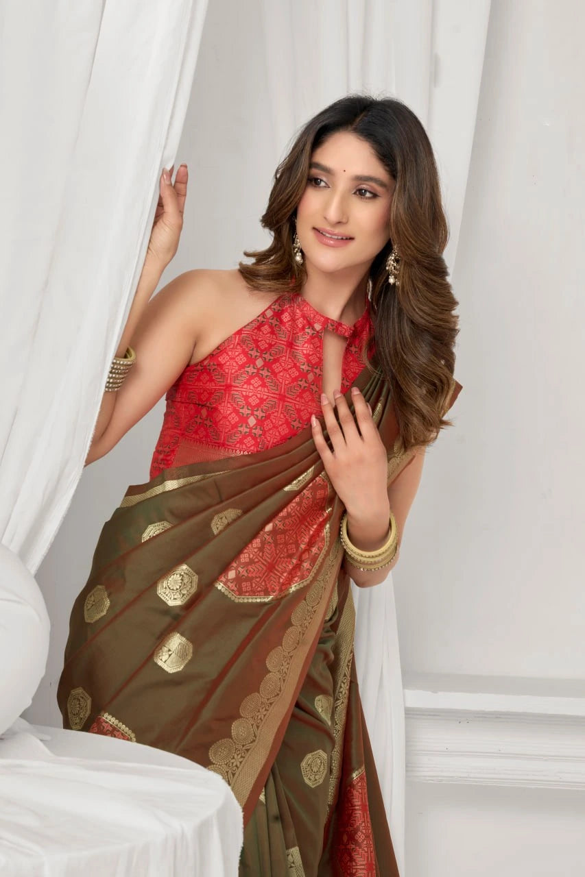 Woman wearing a red and brown saree with gold patterns against a white curtain background