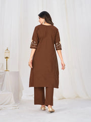 Sophisticated coffee-brown traditional outfit adorned with intricate floral embroidery, perfect for festive gatherings and celebrations.