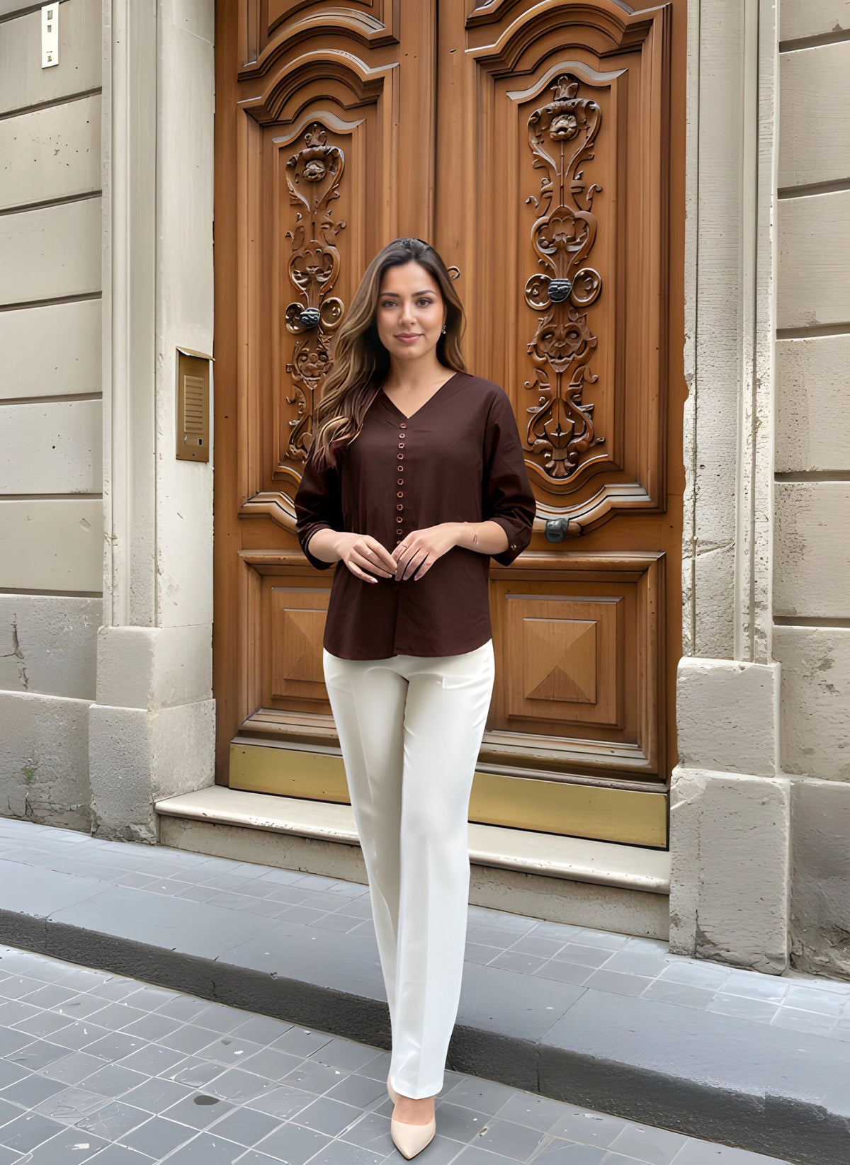 Woman standing in front of a ornate wooden door on a street.