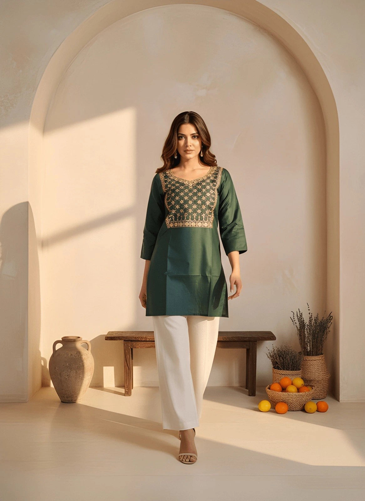 Woman wearing a green kurta with white pants in a sunlit room.