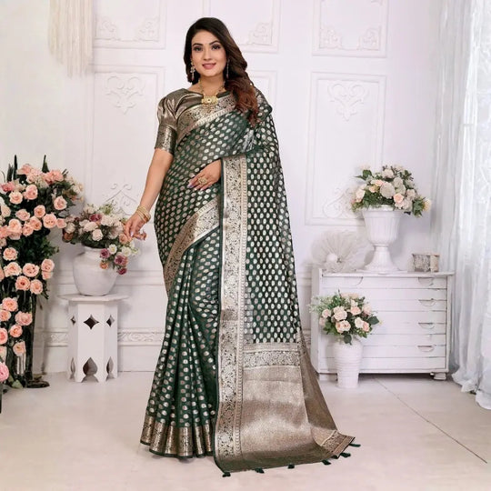 Dark Green Gold Zari Weaving Soft Organza Banarasi Silk Saree – Kalyanja