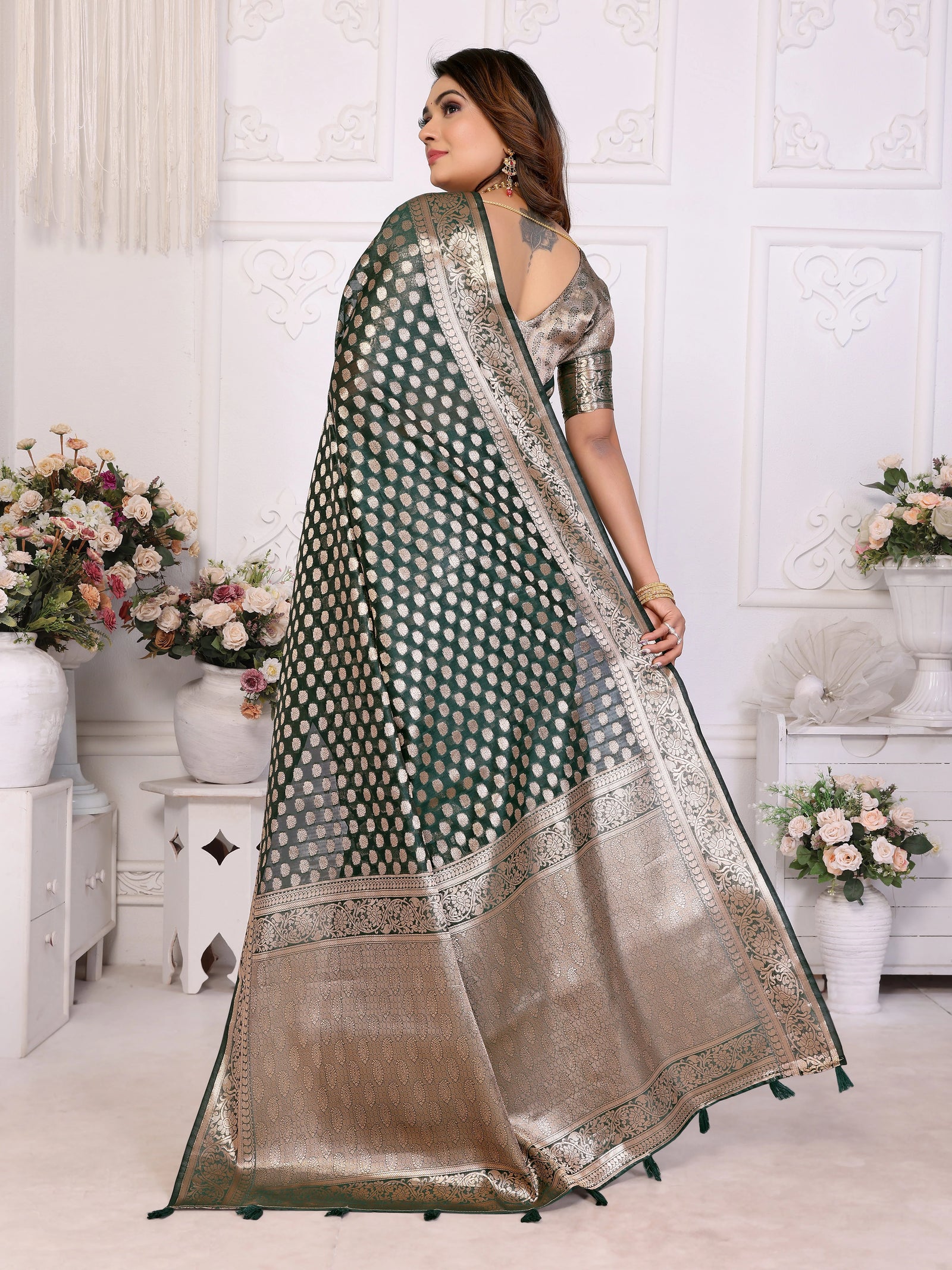 Dark Green Gold Zari Weaving Soft Organza Banarasi Silk Saree – Kalyanja