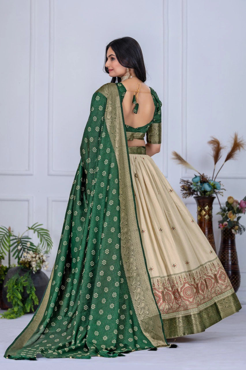 Woman wearing a green and beige saree with a white background