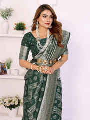 Woman wearing a green saree with silver patterns against a white background