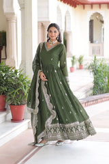 Silver embroidered olive green Kashvi gown – Kalyanja.