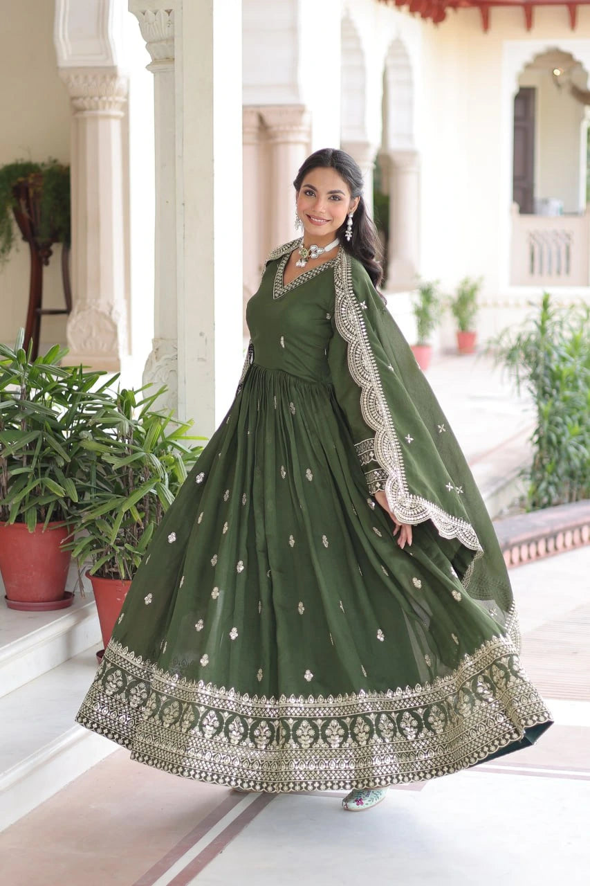 Silver embroidered olive green Kashvi gown – Kalyanja.