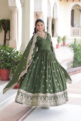 Silver embroidered olive green Kashvi gown – Kalyanja.
