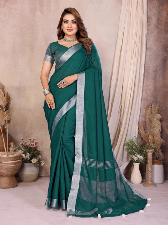 Dark Green Zari Border Soft Linen Cotton Saree - kalyanja