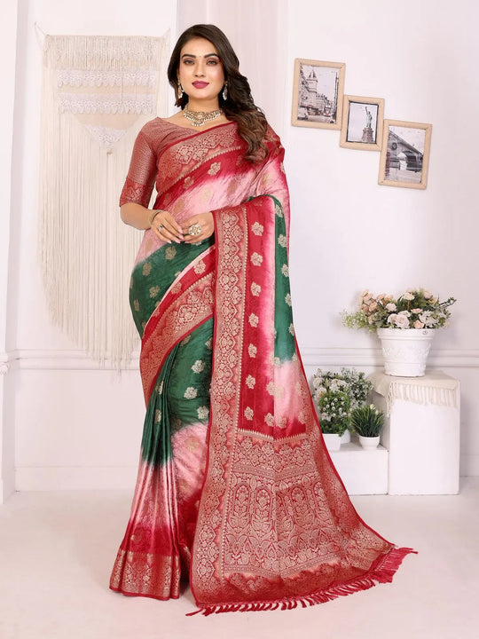 Woman wearing a red and green saree with a white background