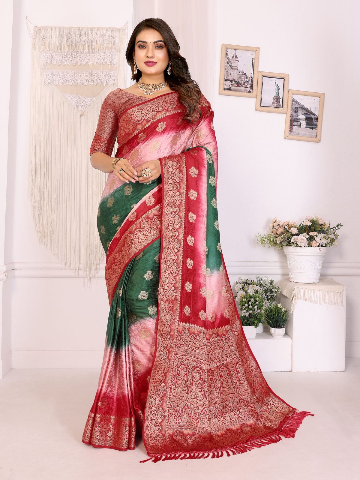 Woman wearing a red and green saree with a white background