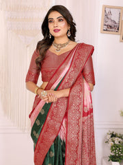 Woman wearing a red and green saree with a white background