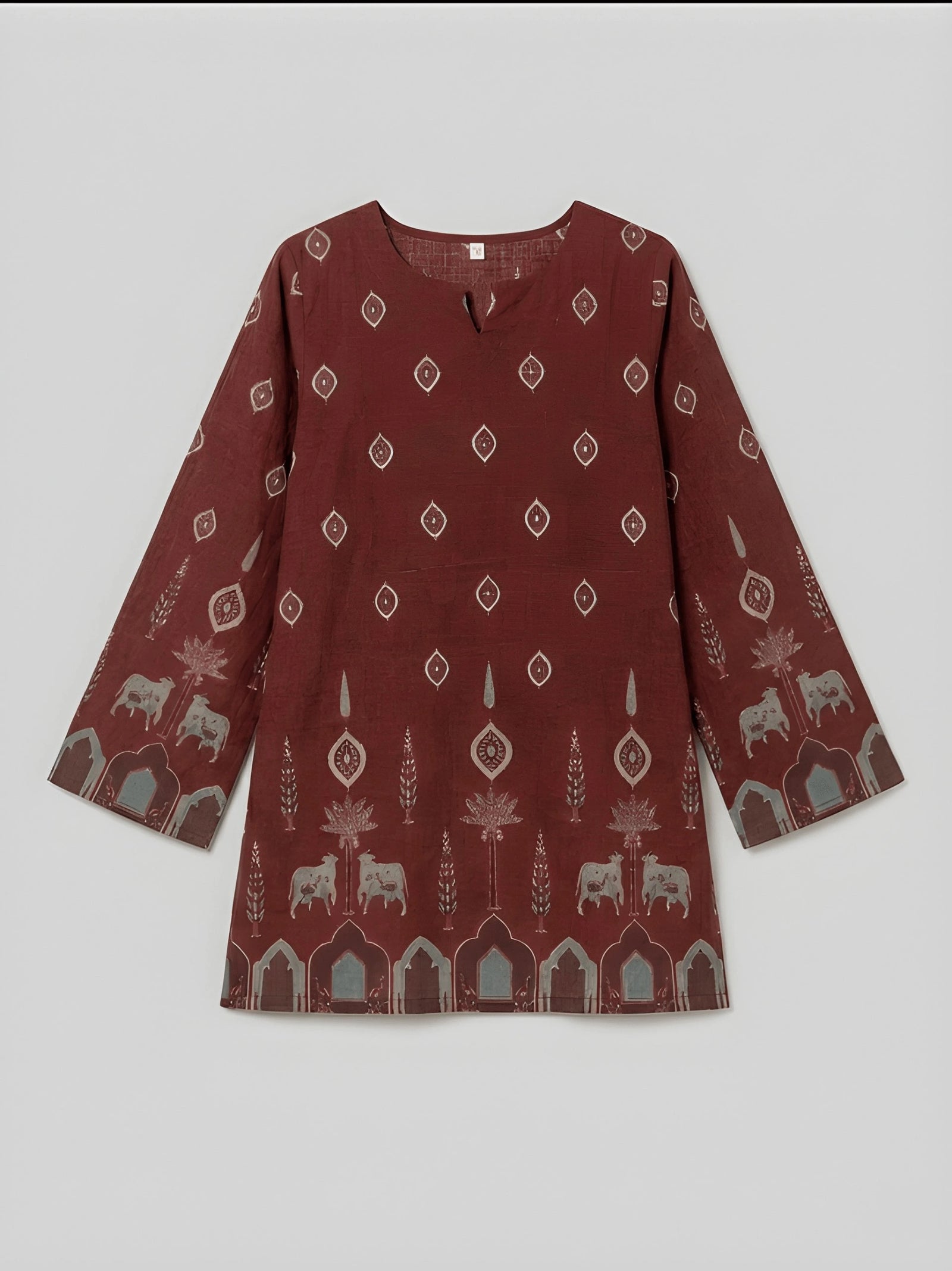 Maroon dress with pattern on a white background