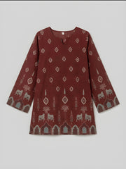 Maroon dress with pattern on a white background
