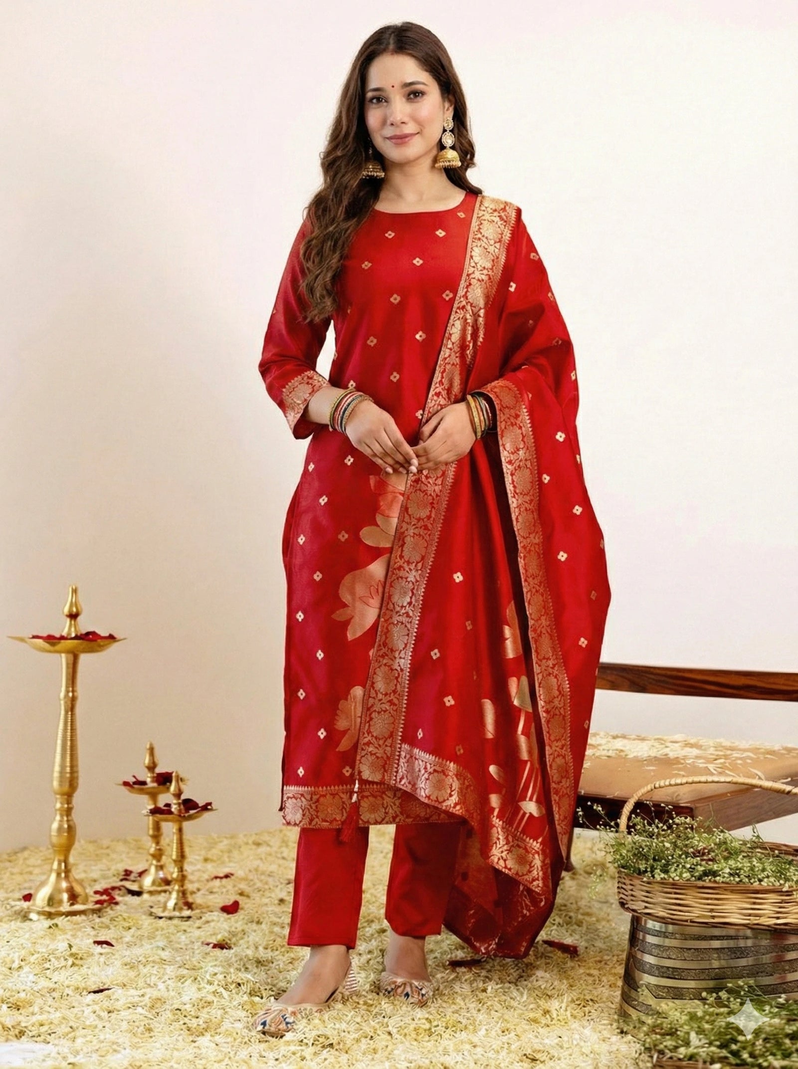 Woman wearing a red traditional outfit with gold details on a neutral background