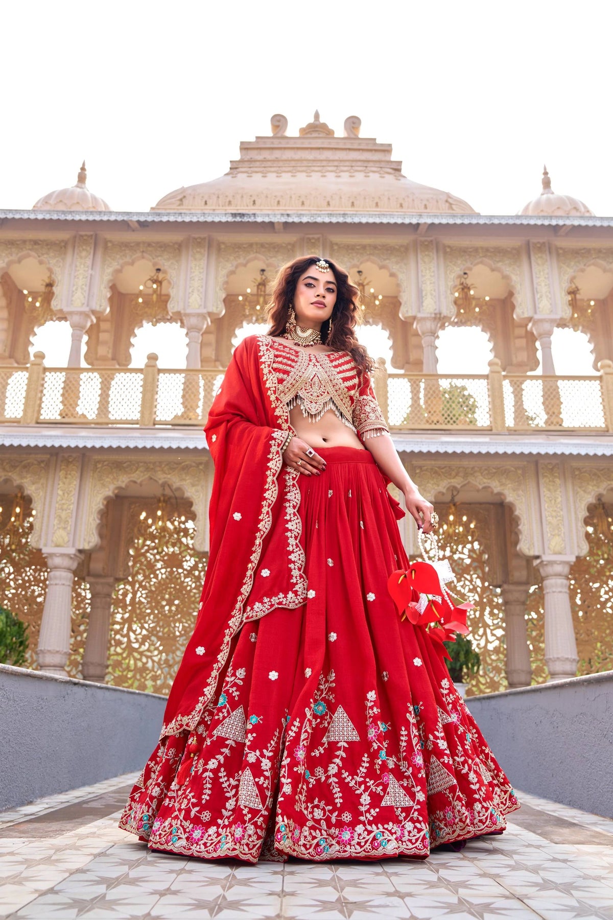 Dark pastel red Vichitra lehenga with sequins and thread embroidery displayed on Shopify product page