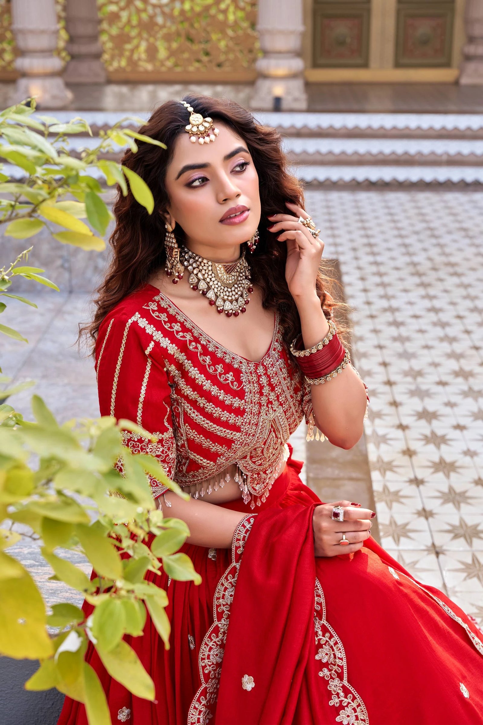 Shopify product page highlighting dark pastel red Vichitra lehenga with thread work design
