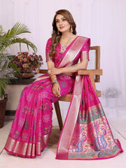 Woman wearing a pink saree with a white background