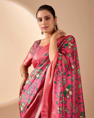 Woman wearing a pink saree with floral patterns on a beige background