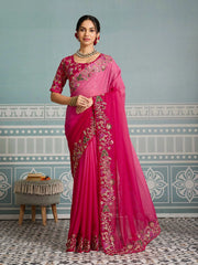 Dark Pink Embroidery Work Soft Georgette Saree