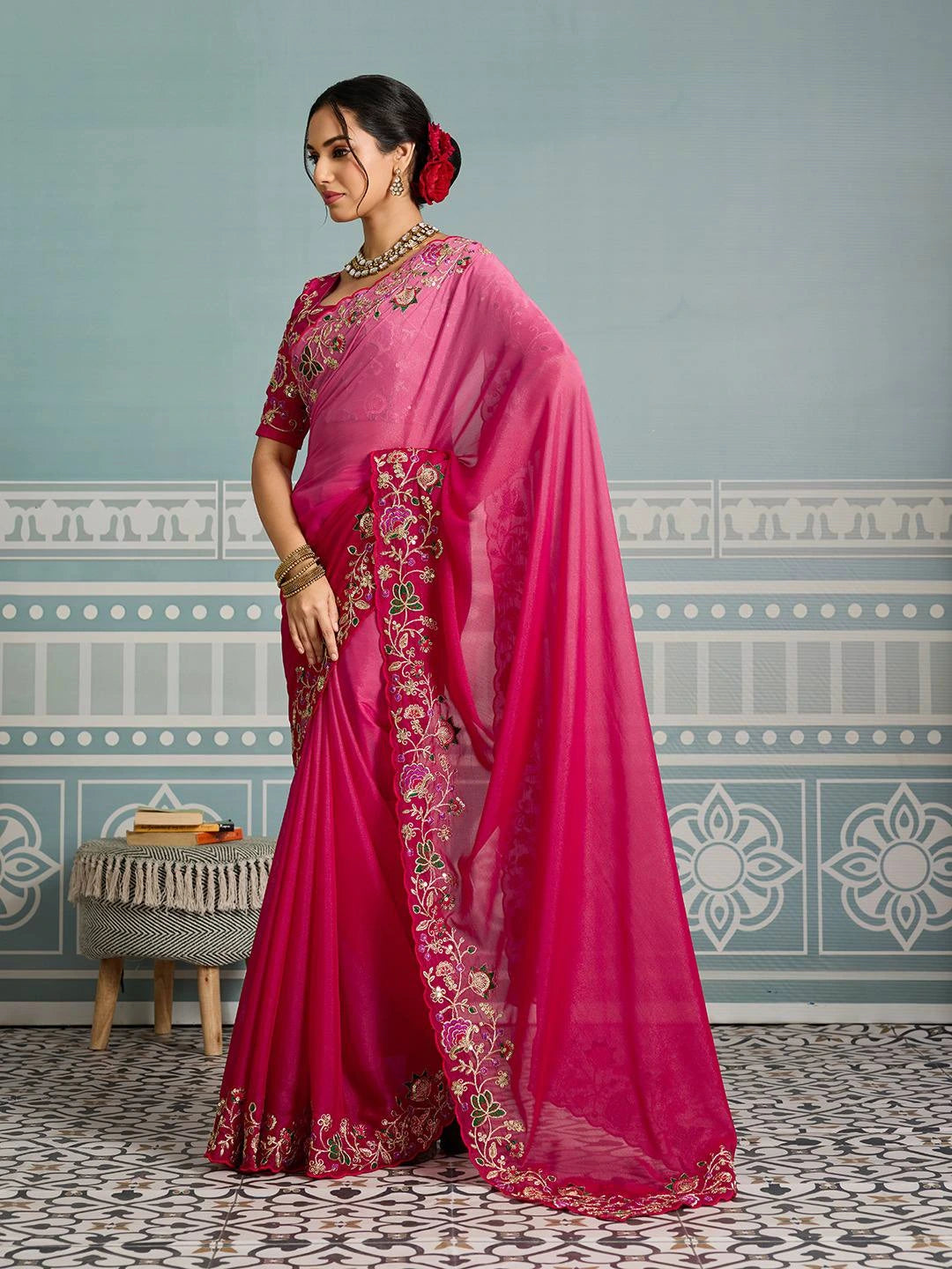dark pink embroidery work soft georgette saree