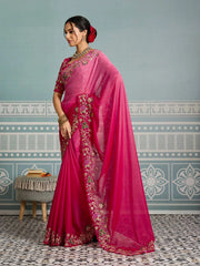 dark pink embroidery work soft georgette saree