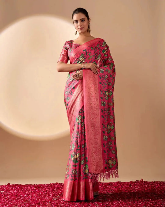 Dark Pink Floral Print & Zari Woven Soft Lichi Silk Saree