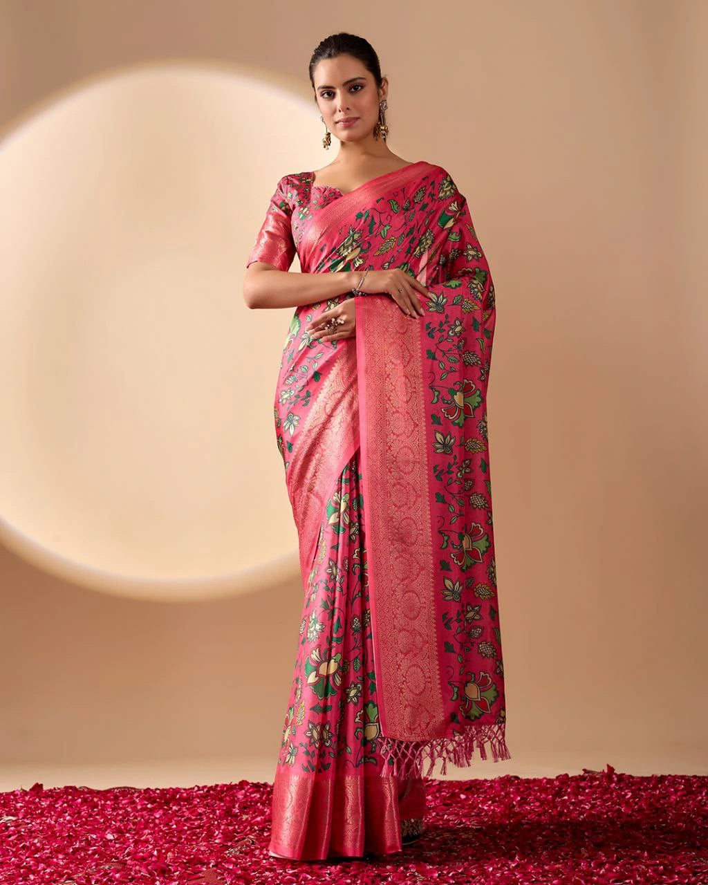 Dark Pink Floral Print & Zari Woven Soft Lichi Silk Saree