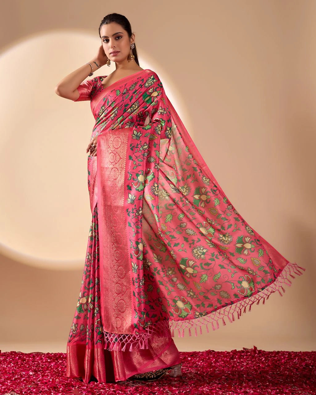 Dark Pink Floral Print & Zari Woven Soft Lichi Silk Saree